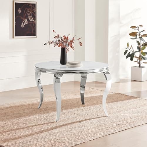 Image of Furniturebox UK Dining Room Furniture, Skye White Marble Effect 6 Seat Round Dinner Table, Bevelled Glass Top & Silver Stainless Steel Legs with Rococo Flair, Elegant Modern Rectangular Table