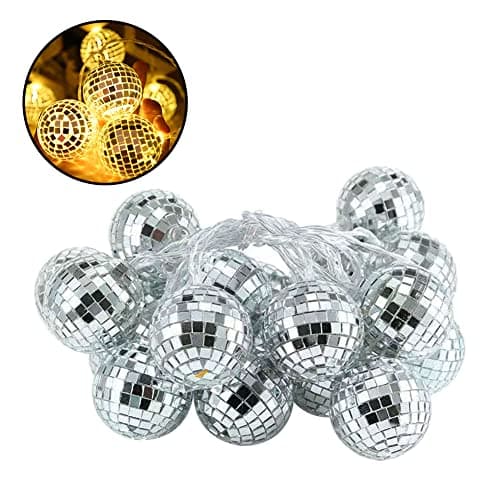 Image of LED Disco Ball Mirror String Lights 10 Battery Operated Reflective Silver Mirror Ball with White Lights Disco Mirror Ball Fairy Lights for Halloween Christmas Tree Party Garden Decor (Warm White)