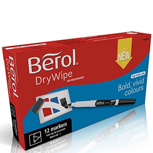 Image of Berol Dry Wipe Whiteboard Marker Pens | Fine Tip | Black Low-Odour Ink | 12 Dry Erase Markers