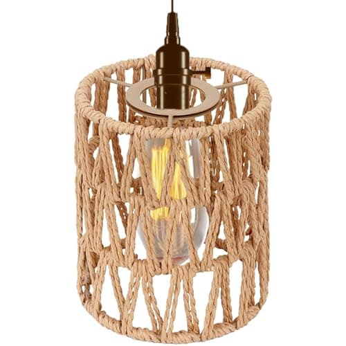 Image of YREYBN Handwoven Boho Rattan Lampshade, 5.9" H x 4.72" D, Natural Brown Round Shade for Bedroom, Living Room, Dining Room, Pendant, Wall Sconces, Floor Lamps