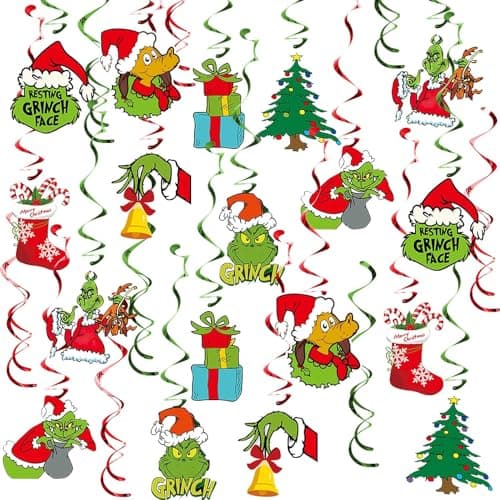 Image of 13 Pcs Grinchmas Hanging Swirl Decoration Kit Merry Christmas Decorative Ornaments Garland Xmas Tree Socks Gift Box Grinch Foil Hanging Ceiling for Xmas Winter Holiday Party Decor Supplies