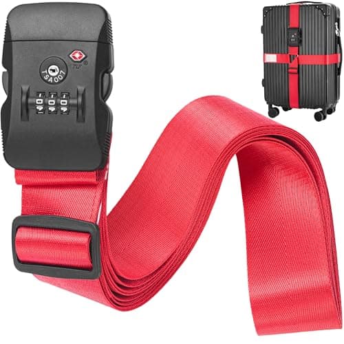 Image of BlueCosto - Luggage Strap with TSA Lock - 2.2 to 4m Adjustable, Bright Red - TSA Approved Suitcase Security Belt with 3 Digit Combination Locking - 5cm Wide Heavy Duty Baggage Strap for Secure Travel