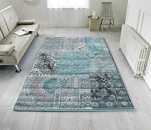 Image of Teal Blue Traditional Moroccan Living Room Area Carpet Rug Grey Patchwork Oriental Hallway Bedroom Rugs 120cm x 170cm