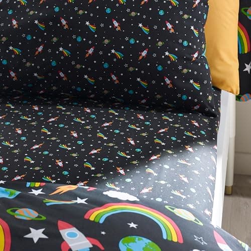 Image of Catherine Lansfield Rainbow Rockets Single Fitted Sheet Black