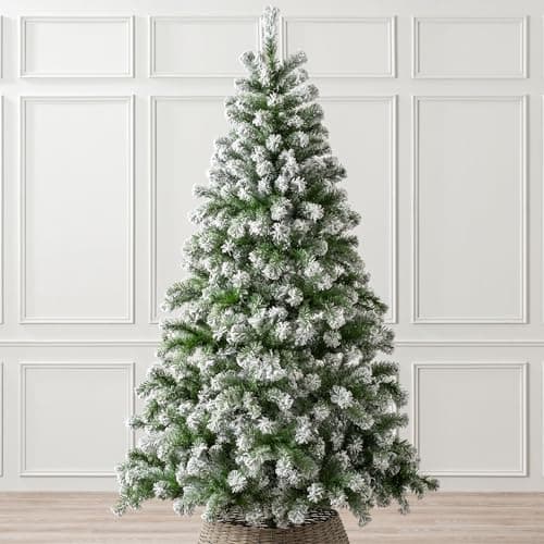Image of Christow Flocked Christmas Tree 7ft, Snowy Artificial Chamonix Spruce Tree with Bushy Traditional PVC Tips, Hinged Branches, Slot-Together Poles & Green Metal Stand for Easy Display, 210cm x 121cm