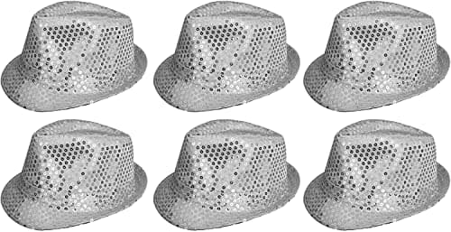Image of 6 X Sequin Trilby Hat In Red, Black, Silver, Gold, Purple, Green Or Pink Fancy Dress Accessory Fedora Hats Bulk Gangster 1920'S Mens & Ladies (Silver)