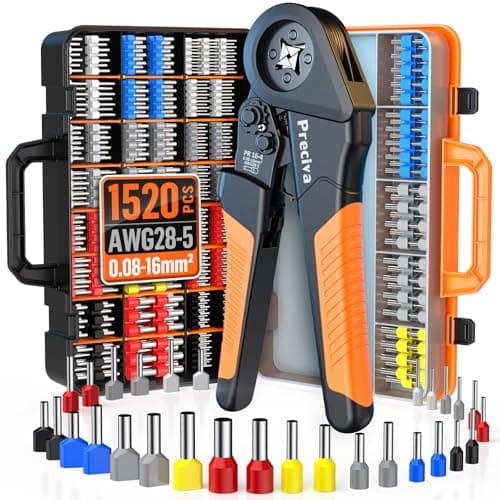 Image of Preciva Ferrule Crimping Tool Kit 0.08-16mm² with 1520pcs Insulated Bootlace Ferrules and Suitcase, AWG28-5 Self-adjsutable Ratchet Crimping Pliers Suitable for Industrial & Domestic Use