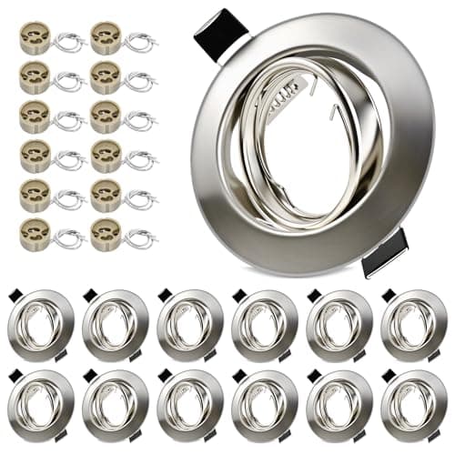 Image of LteelDay 12-Pack Sand Nickel Brushed Recessed Light Frames – Sleek Round Ceiling Mounting Kit for Spotlights, External Size 90mm, Cut-Out Hole 68-80mm, Metal Design (12 Frames + 12 GU10 Sockets)