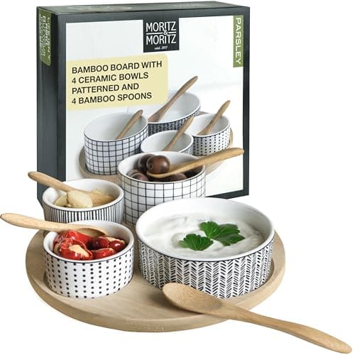 Image of Moritz & Moritz 4X White Dip Bowl Set with Wooden Tray - Snack Bowls Set Ceramic - Serving Set with Spoons