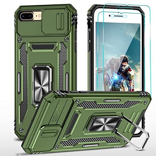 Image of YmhxcY iPhone 8 Plus/7 Plus Case with Military-Grade Explosion-Proof Screen Protector [2 Packs] 360° Can Rotate Ring Stand Case for 5.5 Inch-Olive Green