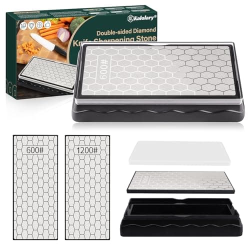 Image of Double-Sided Diamond Sharpening Stone, Kalolary Knife Sharpener Stone Whetstone Honeycomb Surface Plate with Non-slip Base for Scissors Knives Outdoor Kitchen Sharpen Tools (600/1200 Grit, 150 x 63mm)