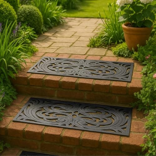 Image of Non Slip Rubber Stair Treads Set of 2 – Wrought Iron Effect Outdoor Step Mats, Decorative Anti-Slip Stair Mats for Garden Steps & Doorways, Weather Resistant 75 × 25 cm Black