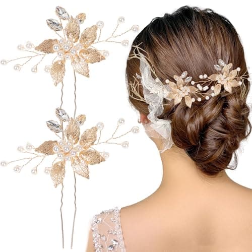 Image of 2 PCS Gold Bride Wedding Headpiece,Crystal Pearl Hair Pins Accessories,Vintage Golden Leaf Hairpin,Bridal Hair Clips for Women and Girls (Gold)