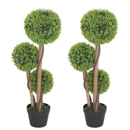 Image of HOMCOM Decorative Artificial Trees Boxwood Ball Topiary Trees Set of 2 in Pot, Fake Plants for Home Indoor Outdoor Decor, 90 cm, Light Green