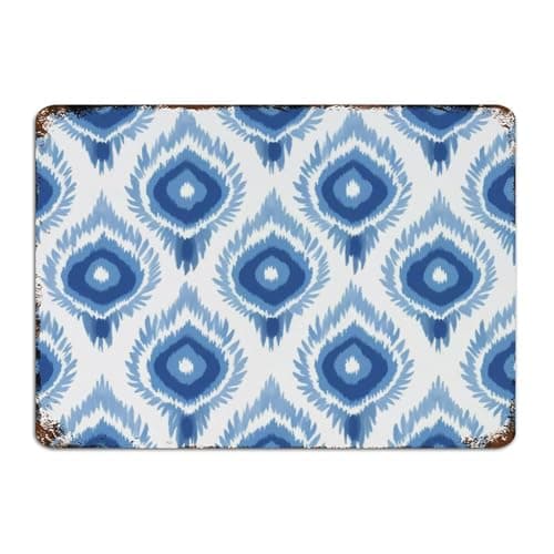 Image of Custom Metal Signs Abstract Geometric Ethnic Oriental Ikat Blue Wall Décor Metal Plaque for Living Room Porch Front Door Blue Frescos Art Poster Gift for Lounge 10x14 Inch