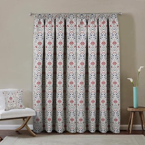 Image of Enhanced Living Cotswold Premium Floral Red 100% Blackout Curtains for Bedroom & Living Room - 90x90 inch (229x229 cm) - Tape Top Curtains with Textured Linen Feel - 2 x Curtain Panels