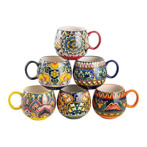 Image of Henten Home Porcelain Mug Set, Ceramic Cappuccino Cups - 20oz, Crockery Cup Mug for 6 People, Coffee Mug Set - Bohemian Style