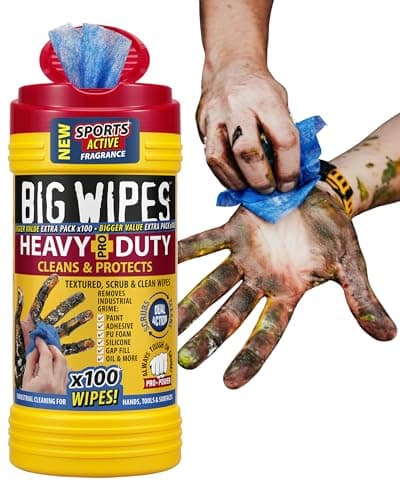 Image of Big Wipes Heavy Duty Pro+ Hand Wipes – Textured Dual-Sided Cleaning Wipes for Paint, Grease, Oil - Industrial Cleaning Products for Tools & Surfaces - Heavy Duty Hand Cleaner - Dispenser Tub x100