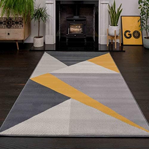 Image of Ochre Mustard Grey Patchwork Geometric Carpet Rug Durable Yellow Slate Bedroom Lounge Living Room Area Rugs 160cm x 230cm