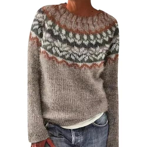 Image of Womens Jumpers Long Sleeve Crew Neck Fairisle Jumper Women Knitted Fair Isle Print Retro Sweater Loose Crewneck Loose Cropped Ladies Sweatshirt Autumn Oversized Tops for Women UK Khaki