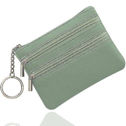 Image of SENLINLU Women's Genuine Leather Coin Purse, Change Wallet, Mini Pouch Change Wallet, Zipper Mini Cash Wallet with Key Ring（Light Green）