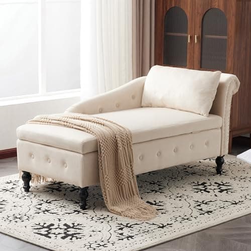 Image of Jovify Velvet Chaise Longue Indoor, Chaise Lounge Sofa with Storage, Upholstered Chaise Lounge Chair with Right Armrest and Pillow, Modern Button-Tufted & Nailhead Trim Sofa for Living Room, Beige