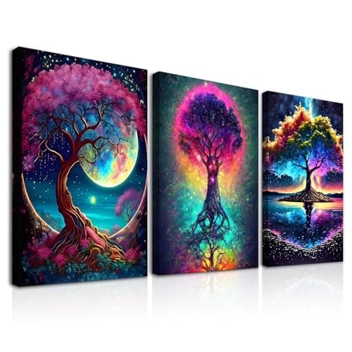Image of Dazzlewall Framed 3Pcs Colorful Tree of Life Wall Art Set,Colorful Fantasy Moon & Starry Sky Painting Print for Bedroom Living Room Decor 12x16 in