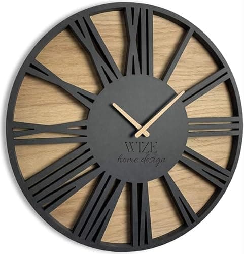 Image of Wize Products Modern 19.7" Wooden Wall Clock Silent Movement Roman LOFT Round Wall Clocks for Living Room Bedroom - Decorative Kitchen Wall Clock - Oak Black