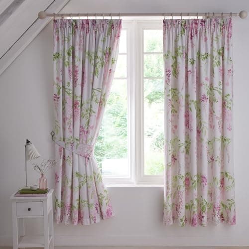 Image of Dreams & Drapes - Wisteria Pink Floral Curtains W66 x L72 (168 x 183cm) - Botanical Pencil Pleated Drapes - Baby Pink Flower Spring Curtains in Blush