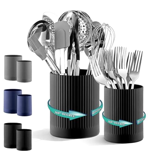 Image of Kyraton Cooking Utensils Holder 2pcs, 360° Rotating Heavy Duty Plastic Kitchen Utensil Holder for Countertop, The Small Utensil Crock for Cutlery Silverware, Tooth Brush, Desk Pencil Pen