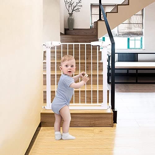Image of Sywlwxkq Walk Thru Baby Gate, Safety Gate Metal Expandable Baby Pet Safety Gate, Door & Stair Gates Auto-Close with Pressure Mount, Fits Spaces Between 77 To 86 Cm Wide 100 Cm High