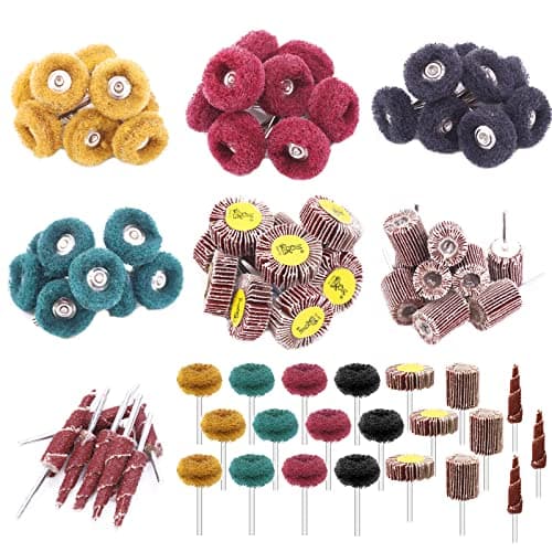 Image of Swpeet 50Pcs Abrasive Sanding Flap Wheel Assortmen Kit, 80 Grit 1/8" Shank Cone Abrasive Flap Sanding Wheel and 1" (25mm) 120 180 320 400 Grits Buffing Polishing Wheel Set with 3 mm Shank