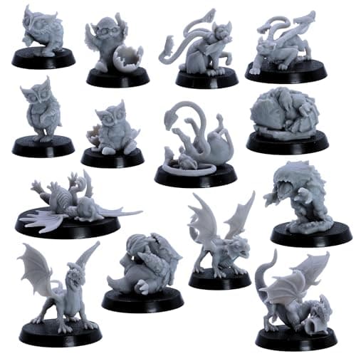 Image of Baby Dragons & Monsters Miniature DnD Set – 14 Fantasy Creatures (Red & White Wyrmlings, Owlbears, Bulettes, Phase Panthers) | Epic Miniatures | DnD starter set