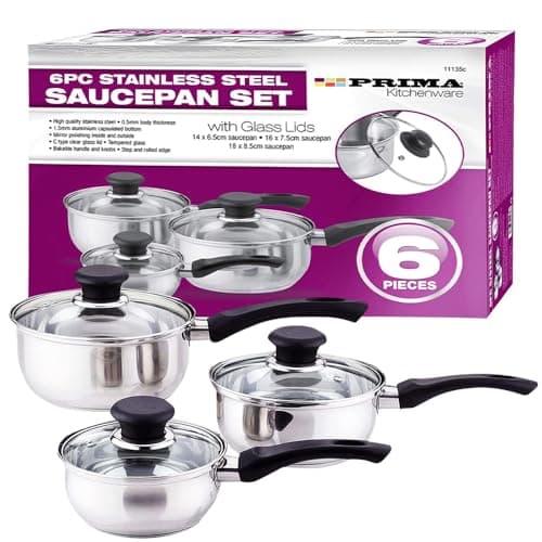 Image of 3pc Prima Stainless Steel Cookware Set – Includes Saucepan, Pan, Pot | Essential Cooking Kitchen Set with Glass Lids & Sturdy Handles | Mirror Polish, Bakelite Handles & Knobs, Suitable for Milk