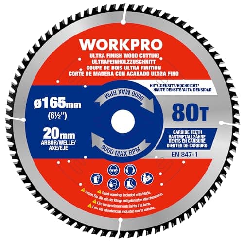 Image of WORKPRO Circular Saw Blade 165 mm x 20 mm x 80T, Fine Finish TCT Blade for Circular Saw, Precision Cutting for MDF, Plywood & Laminate