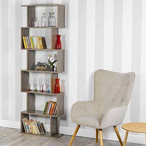 Image of URBNLIVING Wooden S-Shaped Display Bookcase Storage Divider Unit (Grey Oak, 6 Tier)