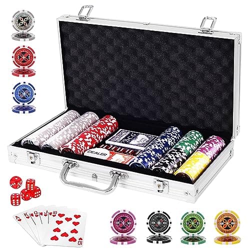Image of COSTWAY Texas Holdem Poker Set with Chips, 2 Decks of Cards, Dealer Buttons, 5 Dices and Aluminum Case, Casino Style Game Set for Family Friends Party (300 Pieces Silver)