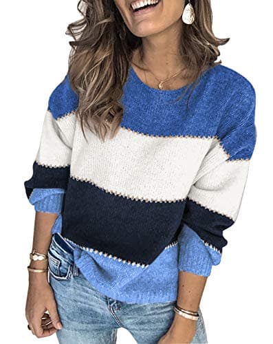 Image of Ancapelion Women’s Striped Colour Block Jumper Long Sleeve Chunky Sweater Crew Neck Knit Pullover Tops Knitwear for Ladies