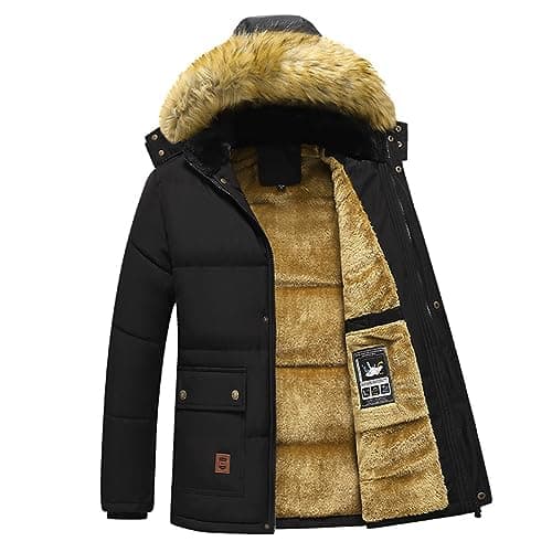 Image of ANUFER Men's Thermal Winter Parka Jacket Thick Fluff Lining Cotton Padded Coat with Detachable Fur Hood SD5A0831 Black XL