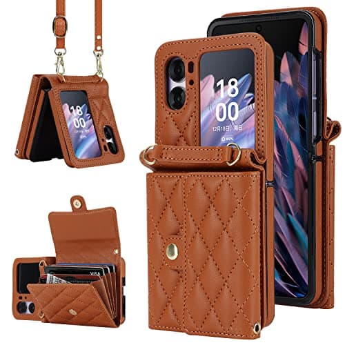 Image of Case for OPPO Find N2 Flip Cover with Crossbody Strap Large Card Holder Bag |RFID Blocking| Wallet Pockets Case Shockproof PU Leather Women Magnetic Purse Case for OPPO Find N2 Flip 5G Brown