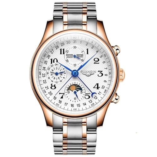 Image of Men Multifunctional Automatic Self-Wind Mechanical Watch Sapphire Crystal Business Moon Phase Perpetual Calendar Waterproof Clock Man Stainless Steel or Leather Strap Wristwatch (silver rose white)