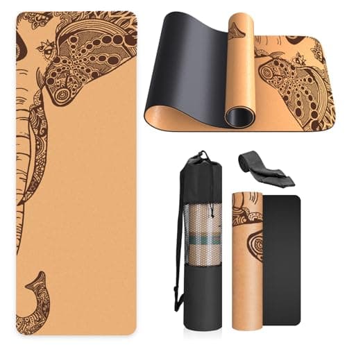 Image of Haninj Eco-Friendly Cork Yoga Mat Non Slip Unique Design Natural Cork Tpe Material Fitness Exercise Mat with Carry Bag and Strap For Home, Pilates,Aerobic,Gym & Workout 72 X 24 - Black Elephant