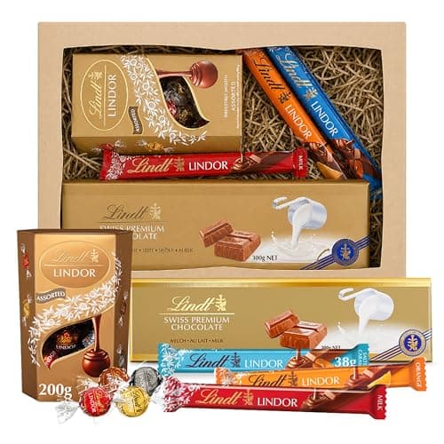 Image of Lindt Chocolates Hamper for Birthday Gifts - Irresistible Smooth 3 x 38g Flavoured Chocolate Bars, Assorted Truffles 200g & Swiss Milk Giant Chocolate 300g Great Womens Gifts for Christmas