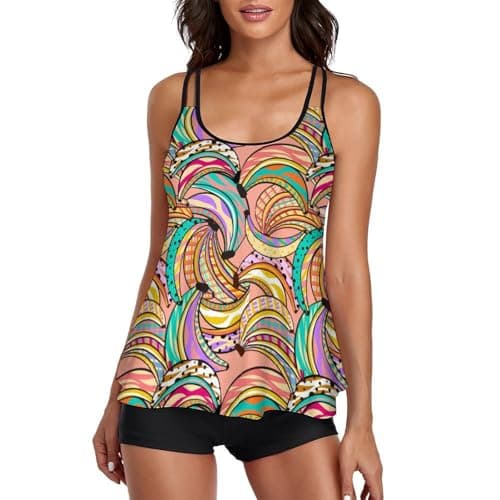 Image of peiyeety Bananas Pattern Swimsuits Tankini Set Woman Sexy Split Swimwear Suits Tummy Control Beach Bathing Suit Top Bottoms Orange