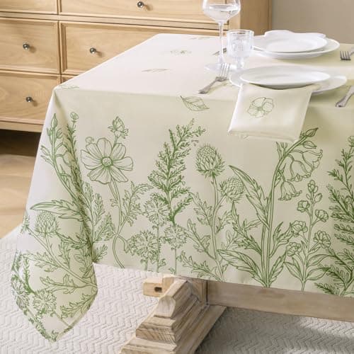 Image of Softalker Spring Table cloth Rectangular 140x200cm Faux Linen Spring Green Botanical Tablecloths Dining Table Cover Washable for Easter Outdoor Party Birthday Coffee Tabletop Decoration, 78x55 inch