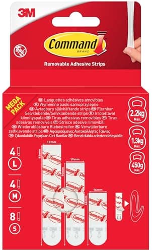 Image of Command Removable Adhesive Strips, White, Pack of 8 Small, 4 Medium, 4 Large Adhesive Strips - Damage Free Hanging - No Tools Required