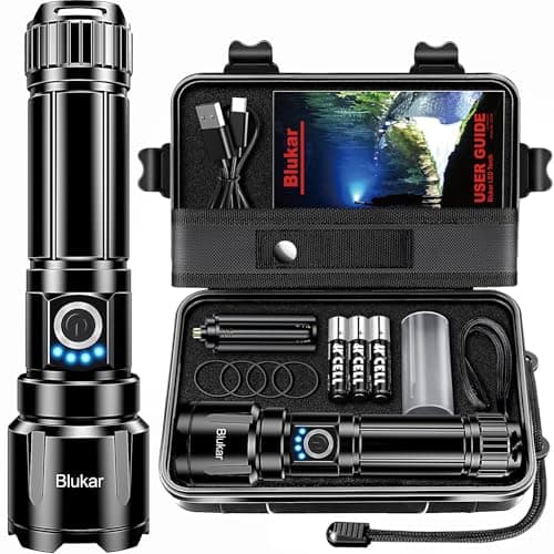 Image of Blukar LED Torch Rechargeable, Ultra High Lumens Super Bright Torches - Adjustable Focus,5 Modes,5000 mAh Long Lasting,IP67 Waterproof,Powerful Handheld Flashlight for Camping,Hiking,Emergency-Black