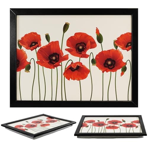 Image of The Magic Toy Shop Wooden Lap Trays with Bean Bag Cushion and Poppies Design - Large Padded Tray with Cushion for Kids and Adults - Suitable for Food, Work, Art, Studies, TV, Sofa, Bed