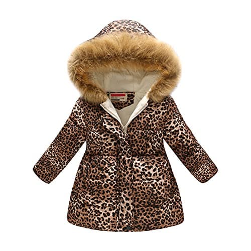 Image of Kids Girls Winter Coat Faux Fur Hooded Windproof Jacket Fleece Liend Padded Thick Warm Parka Outerwear Outdoor Overcoat Cotton Coats Jackets Leopard 2-3 Years