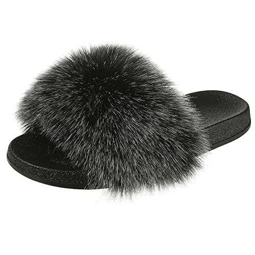 Image of Hitopteu Womens Sliders Fluffy Slippers Open Toe Slippers Indoor Outdoor Slides Sandals for Ladies Grey Label Size 38-39 260 UK 4.5-5.5